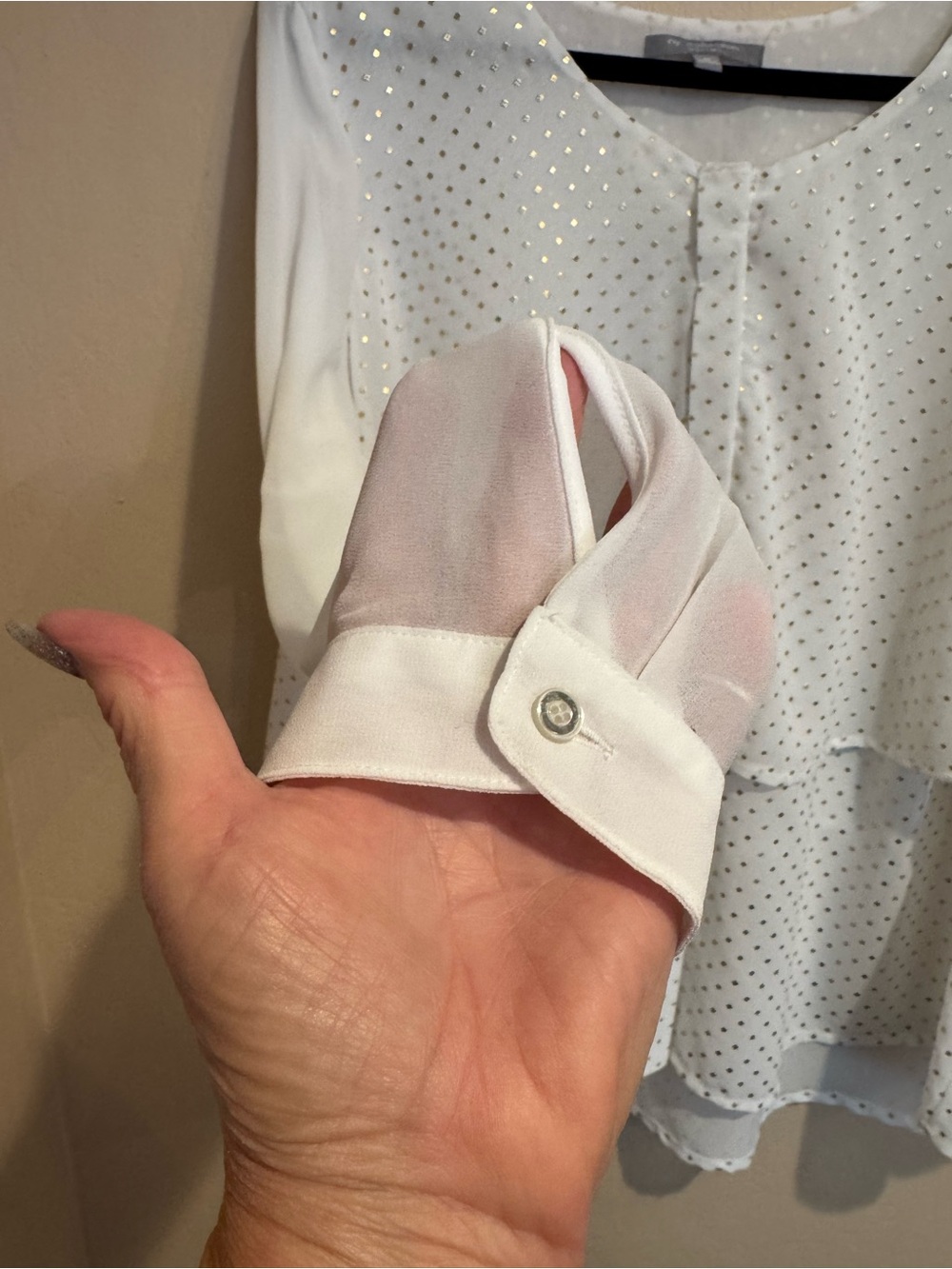 NY Collection White Layered Button Long-Sleeve Blouse with Gold Studded Detail - Picture 7 of 9